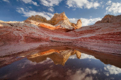 White Pocket sandstone formations with red and white layers reflected in a shallow pool Arizona