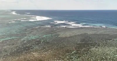 Waves break along the outer edge of Ningaloo Reef above the vast shallow coral reef.