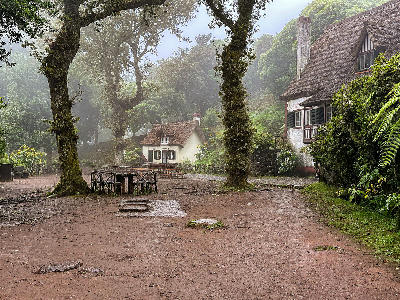 Queimadas Forest Park in Madeira with thatched houses and trees in mist, at the trailhead of the Levada do Caldeirão Verde.