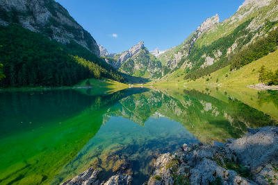 Clear alpine lake Seealpsee reflecting surrounding mountains and green slopes in the Alpstein region of Switzerland, with rocky shoreline in the foreground.