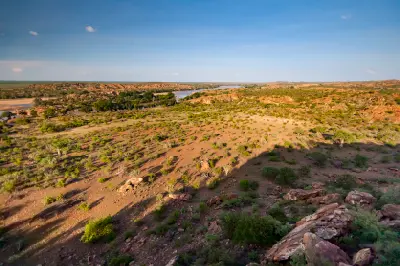 Panoramic view of the Limpopo Valley with sandstone hills and the Limpopo River on the Botswana border.
