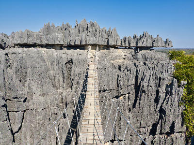 Suspension bridge crossing the limestone pinnacles of Great Tsingy in Tsingy de Bemaraha, Madagascar