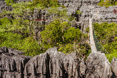 Suspension footbridge crossing the limestone tsingy formations of Ankarana Reserve in northern Madagascar
