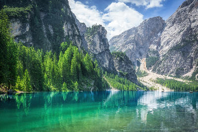 Lake Braies or Lake Prags or Pragser Wildsee and Dolomites mountains in the background. South Tyrol region, Italy