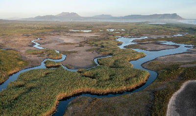 Aerial view of winding estuary channels and wetlands near Kleinmond in South Africa