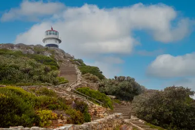 Steps leading to the old Cape Point Lighthouse on the cliffs of the Cape Peninsula in Table Mountain National Park, South Africa.