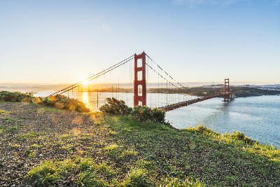 Golden Gate Bridge at sunset viewed from Hawk Hill in the Marin Headlands, San Francisco, California