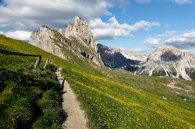 Hiking trail on alpine meadow ridge at Seceda with Odle peaks in Val Gardena, Dolomites, Italy.