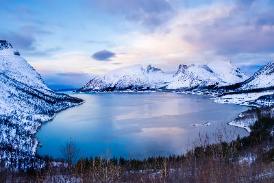 Snow-covered Bergsfjord viewed from Bergsbotn in winter on Senja