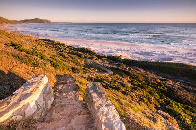 Elevated view over Misty Cliffs coastline with fynbos slopes descending to a wide Atlantic beach on the Cape Peninsula.