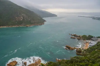 Aerial view across the Knysna Heads and estuary entrance, where steep coastal cliffs and rocky shorelines frame the channel connecting the Indian Ocean to the Knysna Lagoon.