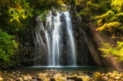 Ellinjaa Falls cascading into a rainforest pool, with golden sunlight illuminating mist and surrounding tropical foliage near Millaa Millaa, Queensland.