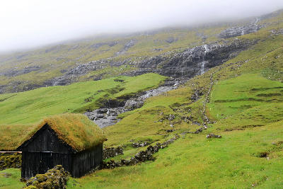 The Saksun Heritage Farm with grass roofs on Streymoy in the Faroe Islands.