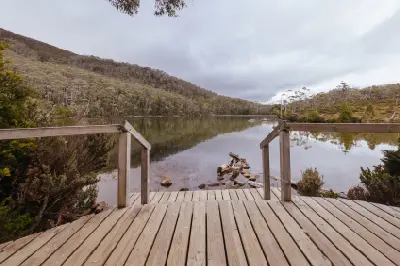 Wooden lakeside boardwalk beside Lake Dobson surrounded by pandani and native highland vegetation in Mount Field National Park, Tasmania.