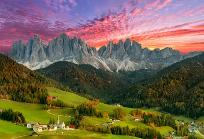 Village of Santa Maddalena in Val di Funes set below the Odle (Geisler) mountain group in the Dolomites, Italy.