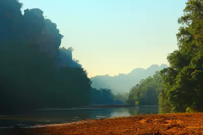 Soft morning light filters through the limestone walls above the Lennard River and tree-lined banks of Bandilngan (Windjana Gorge).