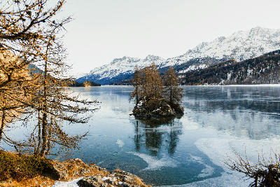 Small island with trees in Lake Sils partially frozen, with snow-covered mountains in the Engadin, Switzerland