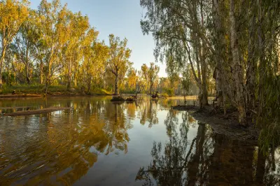 Warm morning light illuminates riverside trees reflected in the calm waters of the Drysdale River.
