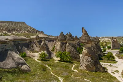 Panoramic view of the mushroom-shaped fairy chimneys and walking trails at Paşabağ Fairy Chimneys in Cappadocia, Turkey, beneath a clear blue sky.