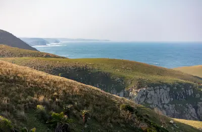 Grass-covered Wild Coast hills and distant coastal headlands viewed from the hiking route between Coffee Bay and Hole in the Wall.