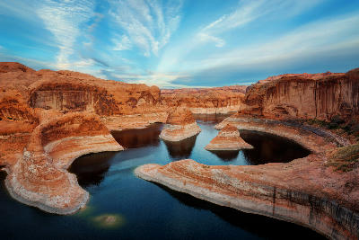Reflection Canyon Lake Powell sandstone towers curved basin low water levels Glen Canyon Arizona Utah border