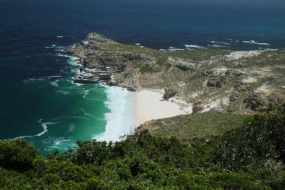 View down to Diaz Beach below steep cliffs at Cape Point in the Cape Peninsula.