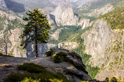 Half Dome and Nevada Fall seen from Washburn Point in Yosemite National Park, California.