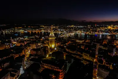 Night view of Galata Tower, Golden Horn and Galata Bridge in Istanbul.