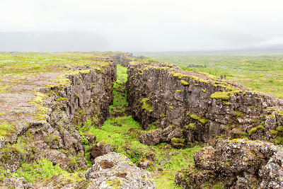 Moss-covered rift cliffs marking the continental divide in Þingvellir National Park, Iceland.