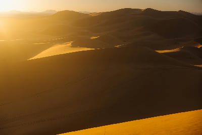 Sunset light and shadow across the sand dunes of Erg Chebbi in the Moroccan Sahara.
