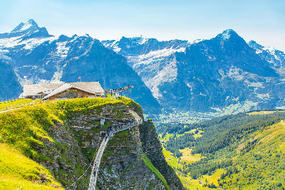 First Cliff Walk at Grindelwald First with viewing platform above the valley, Bernese Alps, Switzerland.