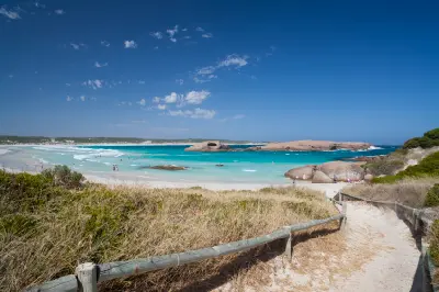 White sand, turquoise water and offshore granite rocks at Twilight Beach near Esperance, Western Australia.