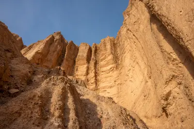 Red Cathedral towering canyon walls at end of Golden Canyon Death Valley below Zabriskie Point California