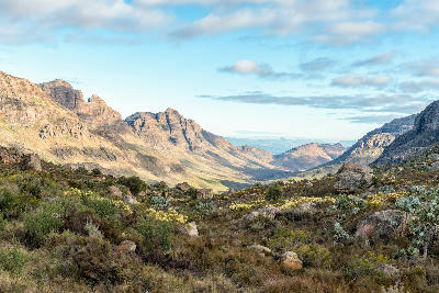 View from Uitkyk Pass overlooking the Algeria valley and sandstone mountains in the central Cederberg.