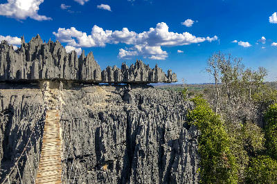 Suspension bridge crossing the limestone pinnacles of Tsingy de Bemaraha in western Madagascar