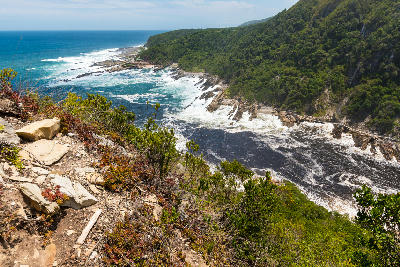 View from above Storms River Mouth showing the suspension bridge, rocky coastline and forested cliffs in Tsitsikamma National Park, South Africa.