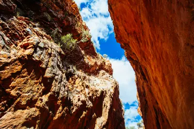 View upward between the towering red-orange rock walls of Standley Chasm beneath a blue sky.