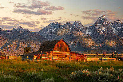 Moulton Barn in evening light with grassy field and the Teton Range in the background, Mormon Row, Grand Teton National Park, Wyoming, USA.
