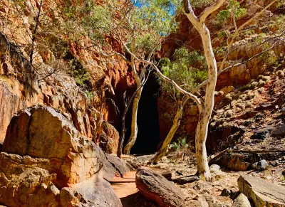 Rocky walking path leading toward the narrow entrance of Standley Chasm, framed by red rock walls and white-barked eucalyptus trees.