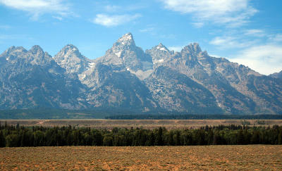 View of Grand Teton and surrounding peaks from Glacier View Turnout, Grand Teton National Park, Wyoming, USA.