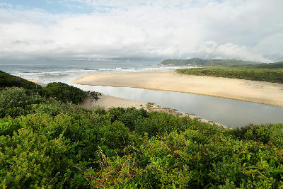 Swartvlei Mouth and sandbanks where the Swartvlei Estuary reaches the Indian Ocean near Sedgefield.