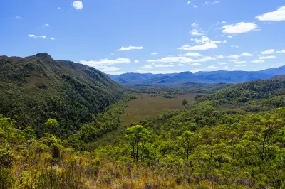 Mountain and forest valley view from Donaghys Hill in western Tasmania.