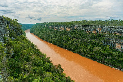 Manambolo River cutting through limestone canyon landscapes in Tsingy de Bemaraha National Park, Madagascar