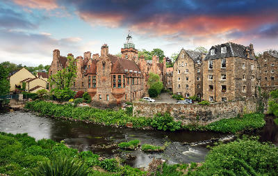 Well Court building beside the Water of Leith in Dean Village, Edinburgh.