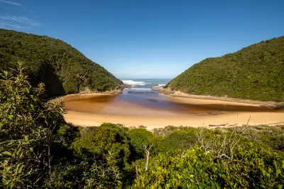 Elevated view of Salt River Mouth and sandy estuary opening into the Indian Ocean near Nature's Valley in South Africa.