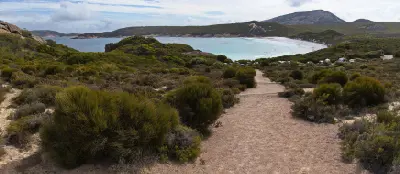 Walking path overlooking Little Hellfire Bay and surrounding coastal heath in Cape Le Grand National Park, Western Australia.