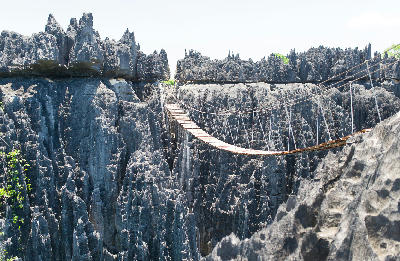 Suspension bridge spanning the limestone pinnacles of Tsingy de Bemaraha Reserve in Madagascar