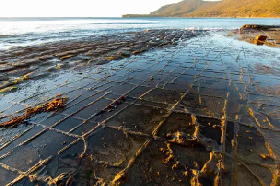 Warm light reveals the remarkable geometric rock patterns of Tessellated Pavement on Tasmania’s Tasman Peninsula.