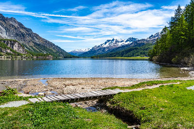 Small wooden bridge over a stream leading to Lake Sils with mountains and forest in the Engadin, Switzerland