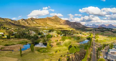 Aerial view of Clarens with the Maloti Mountains rising behind the town in the eastern Free State, South Africa.